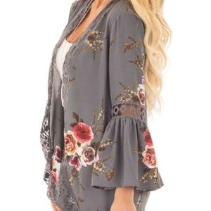 Gray floral cardigan: lace trim, flared sleeves
